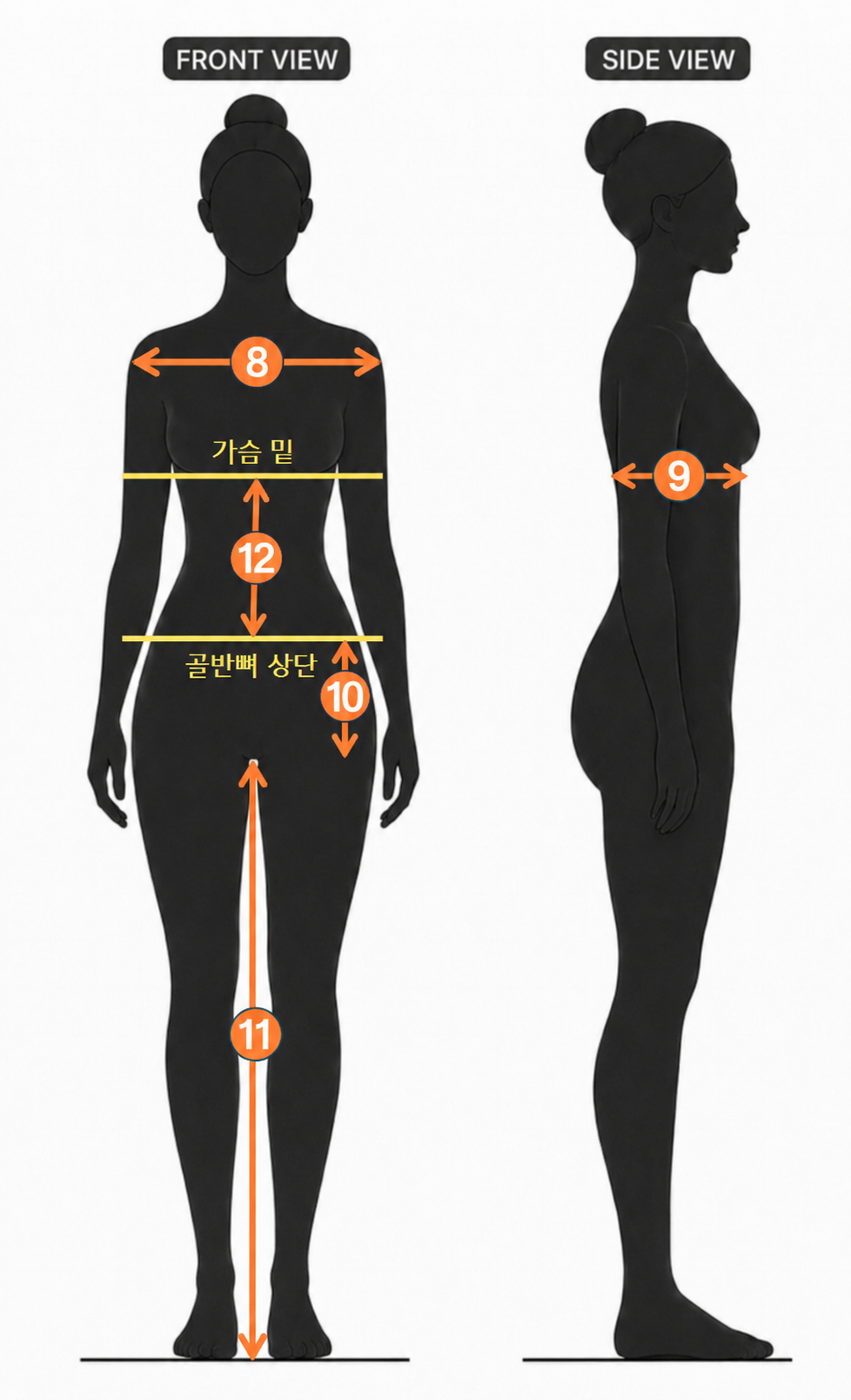 여성 측정 가이드 기준 그림. 8은 어깨 너비, 9는 상체 앞뒤 두께, 10은 골반뼈에서 사타구니 길이, 11은 인심, 12는 가슴밑에서 골반뼈까지 길이를 의미한다.